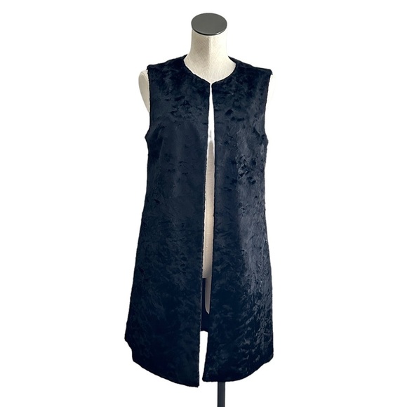 Lafayette 148 Open Front Vest Cotton Blend Black Faux Fur Longline Sz 6